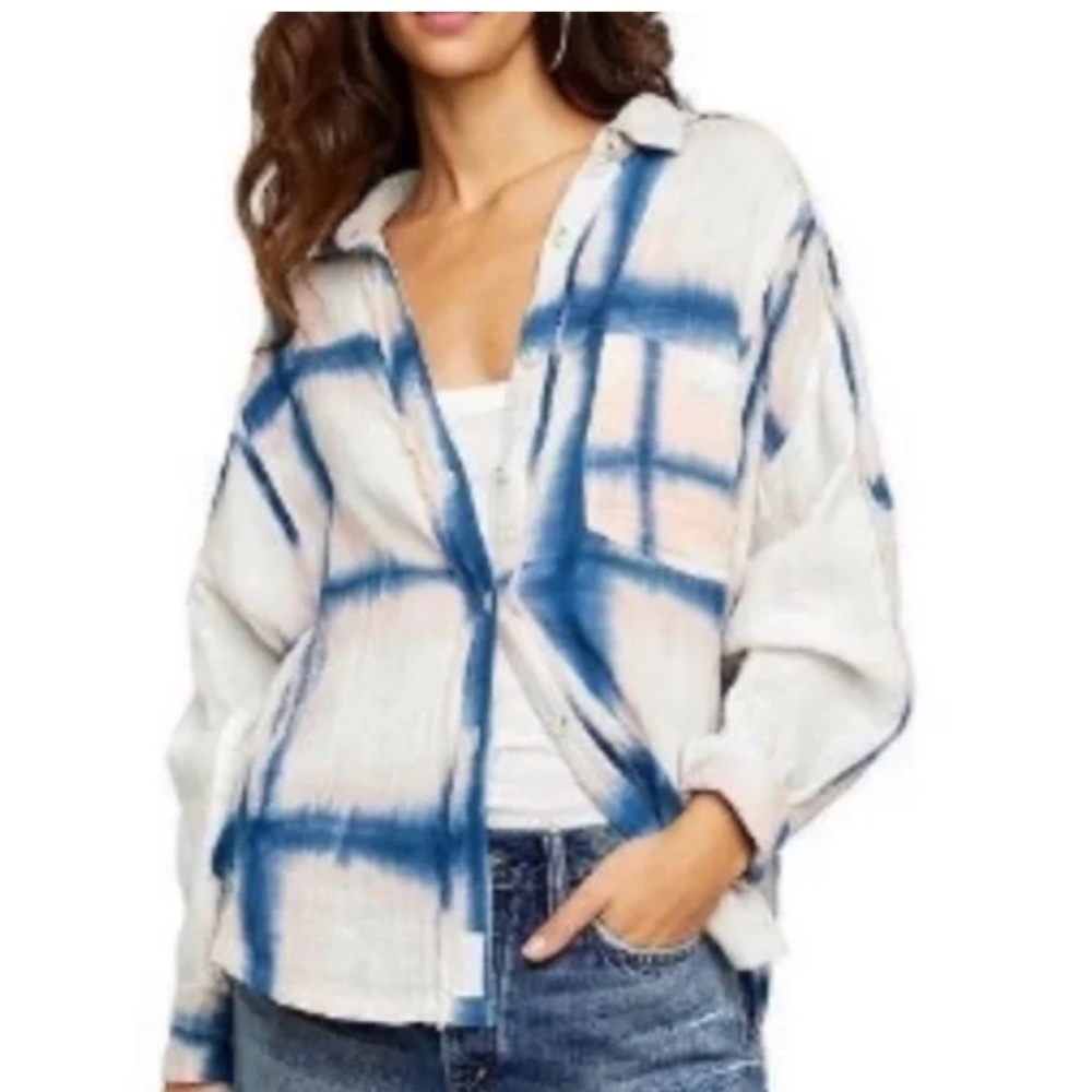 We The Free Washed Away Plaid Tie Dye Long Sleeve Cotton Top Size Small